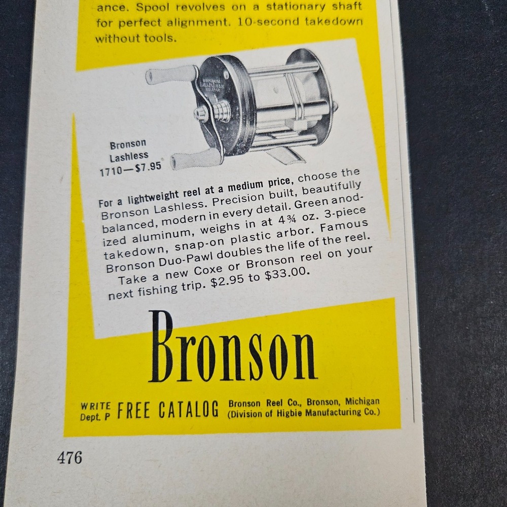1952 Bronson MI Reel Co Higbie Mfg Co Vintage Print Ad Lashless Fishing Coronet